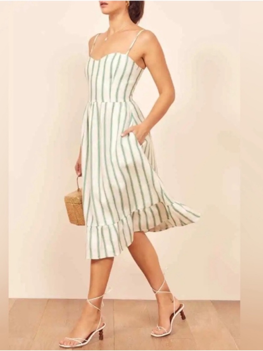 Reformation 100% linen green white stripe ruffle dress